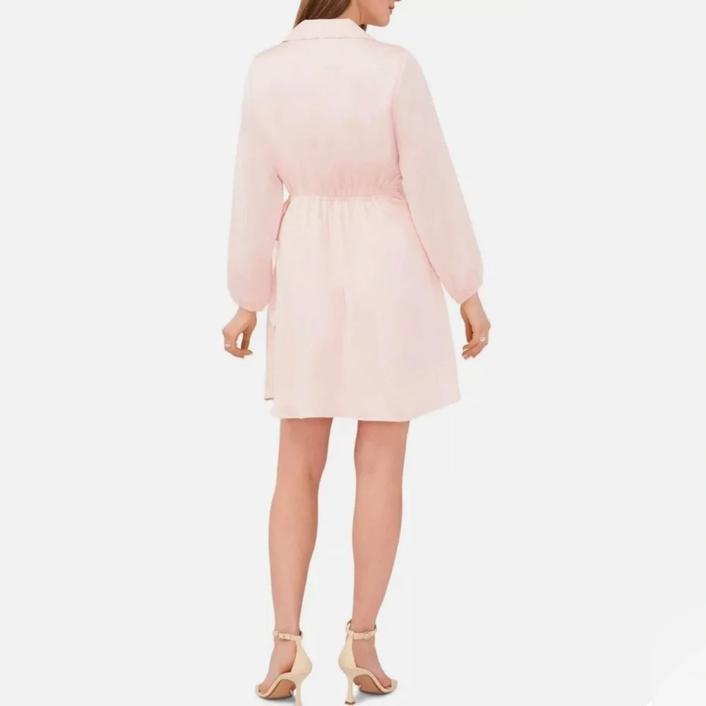 Halogen Light Pink Satin Faux Wrap Long Sleeve Shirt Dress - Picture 3 of 14
